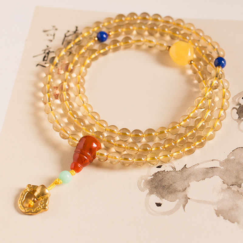 925 Sterling Silver 108 Mala Beads Natural Citrine Red Agate Amber Pleasure Charm Bracelet - Citrine&Red Agate - 8mm - image 0