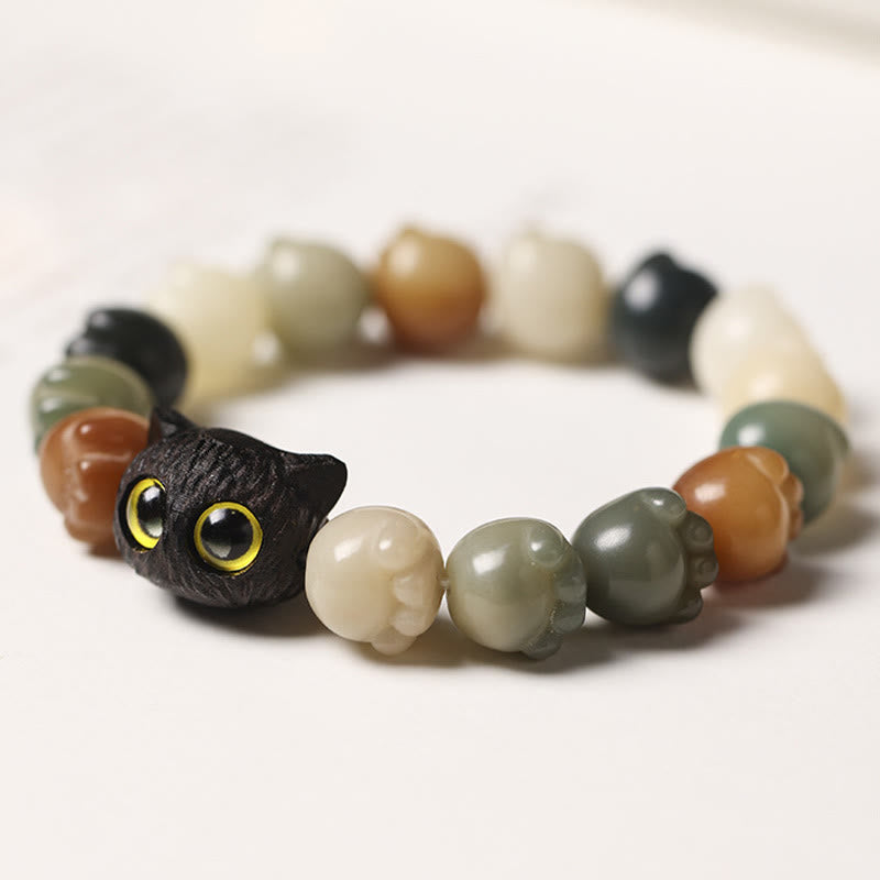 Buddha Stones Natural Bodhi Seed Lovely Paw Ebony Wood Lucky Cat Wisdom Bracelet - image 1