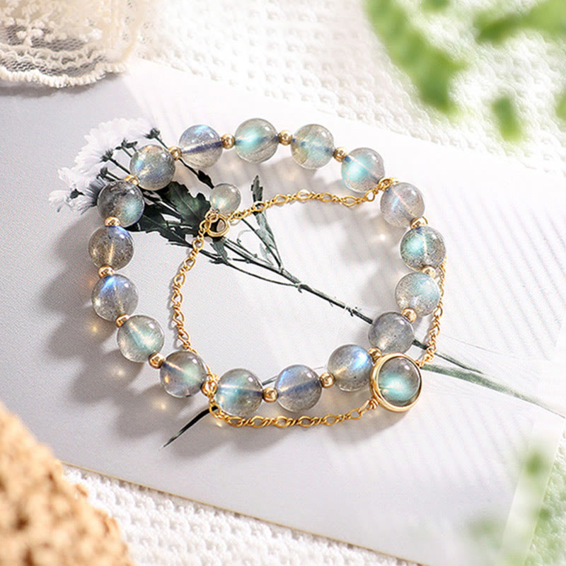 Buddha Stones 14k Gold Plated Natural Moonstone Healing Love Bracelet - 2Pcs(Moonstone&14K Gold Plated Moonstone)(Wrist Circumference 14-16cm) - image 0