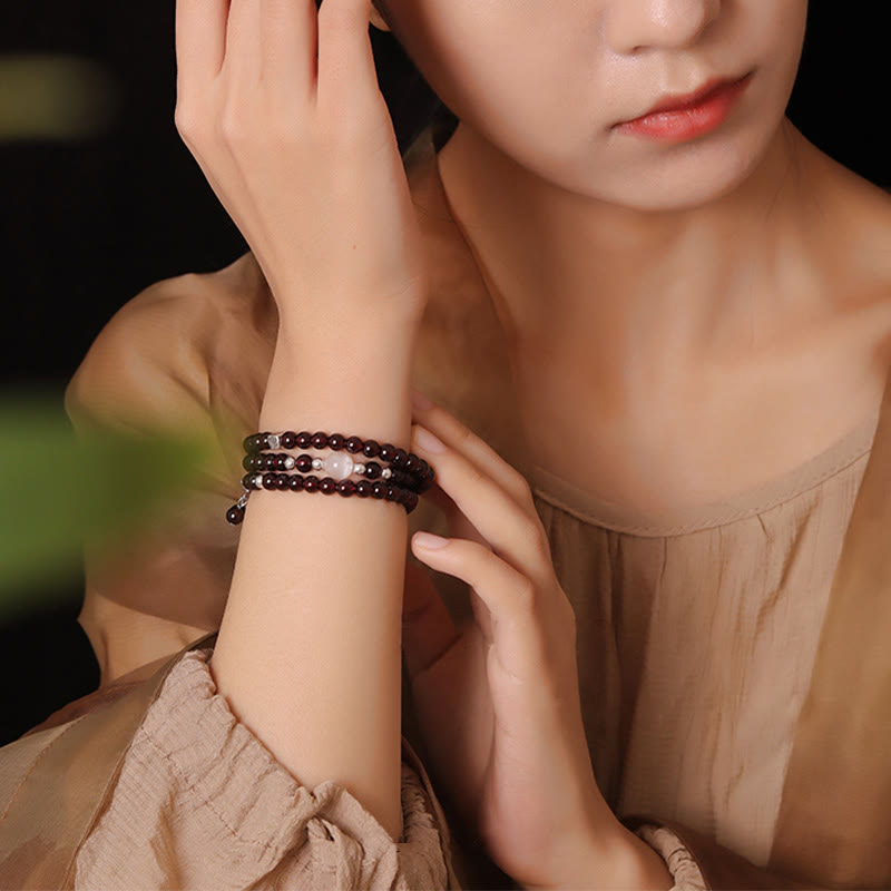 Buddha Stones 925 Sterling Silver Natural Garnet Cat Eye Protection Triple Wrap Bracelet - image 3