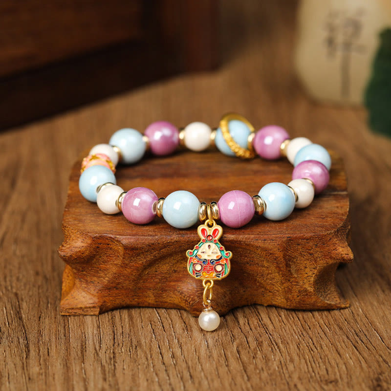 Buddha Stones Tibetan Zakiram Goddess of Wealth Rabbit Lion Head Charm Liuli Glass Incense Ash Porcelain Bead Protection Bracelet - Liuli Glass Bead Rabbit - image 2