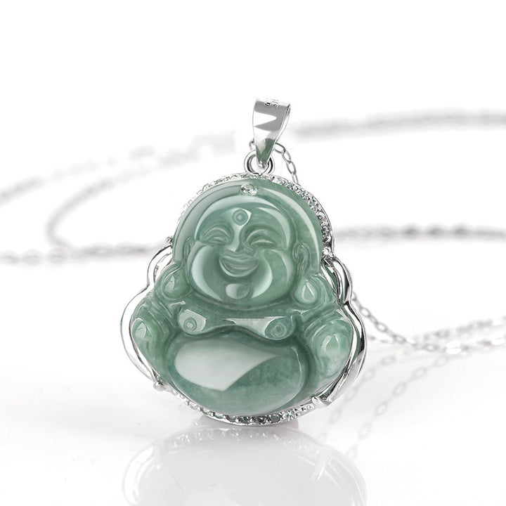 Buddha Stones Laughing Buddha Jade Abundance Necklace Titanium Steel Chain Pendant - image 3
