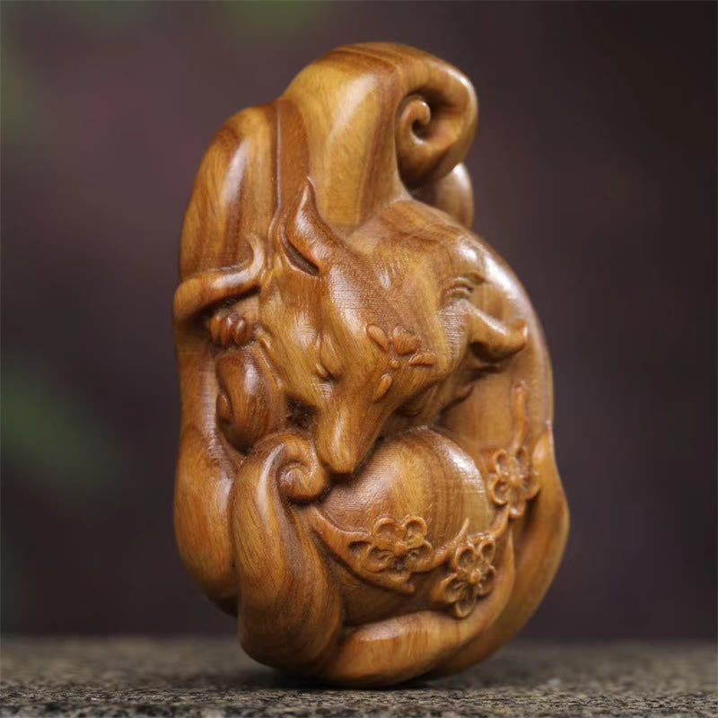 Buddha Stones Mini Nine Tailed Fox Green Sandalwood Peace Decoration Car Hanging Decoration - image 1