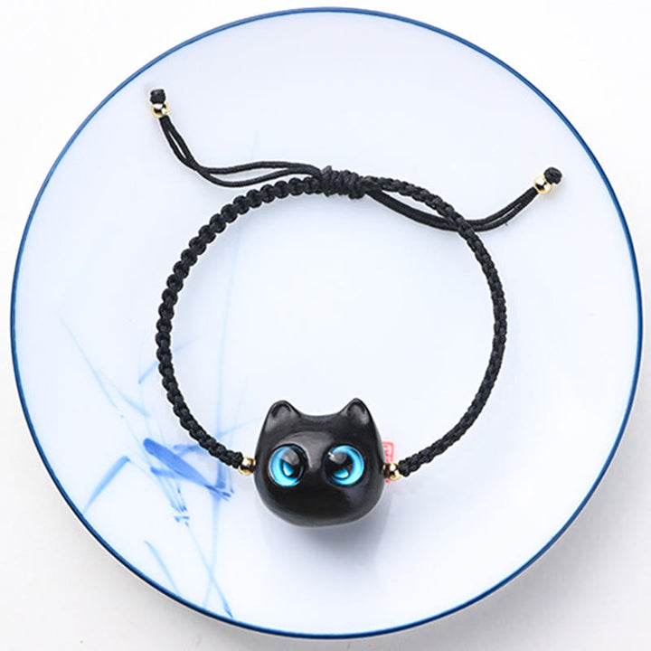 Buddha Stones Small Leaf Red Sandalwood Ebony Wood Cute Cat Head Calm Protection Braided Bracelet - image 11