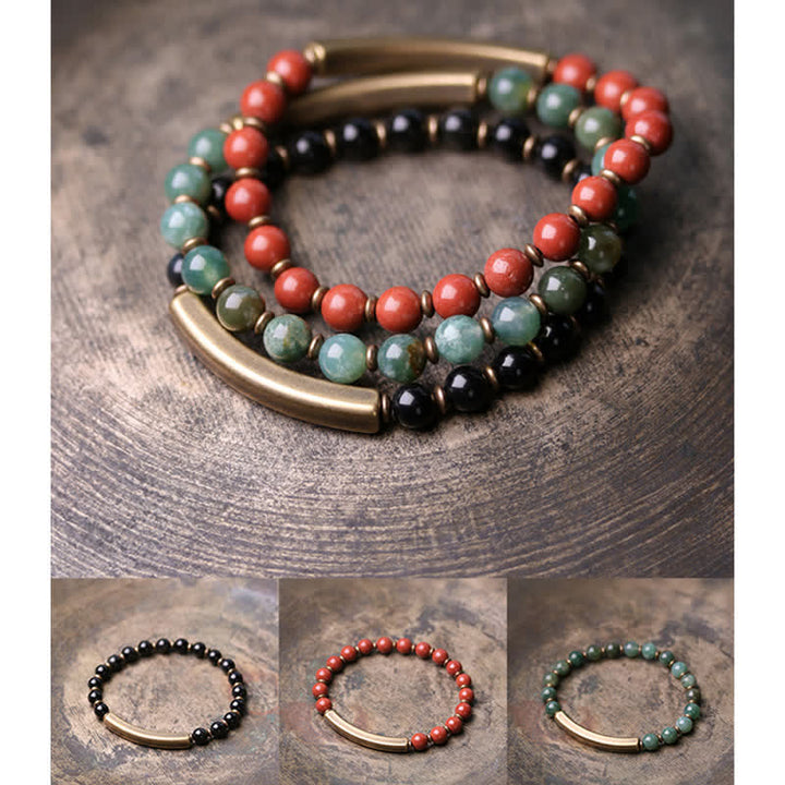 Buddha Stones Red Jasper Moss Agate Black Obsidian Crystal Copper Peace Couple Bracelet - image 23