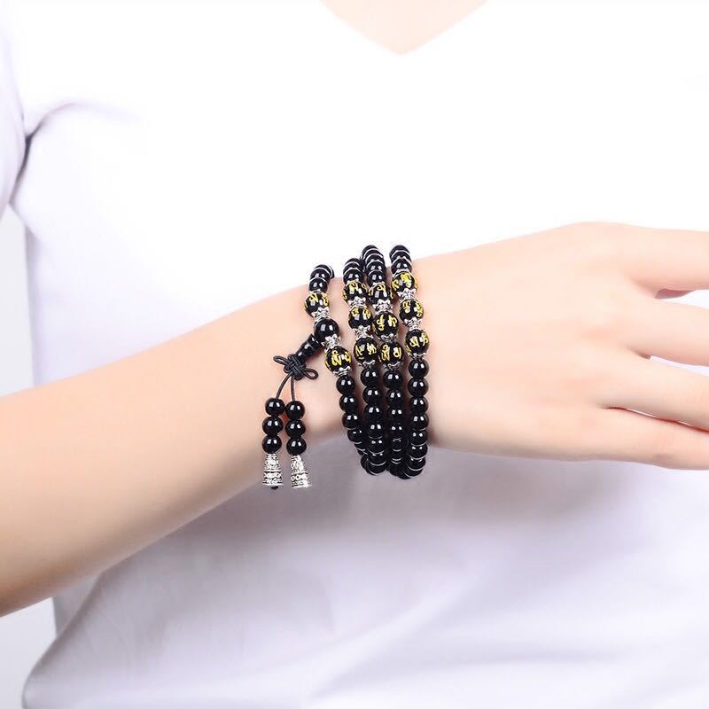 Buddha Stones Black Obsidian Six True Words Protection Mala Bracelet - image 4