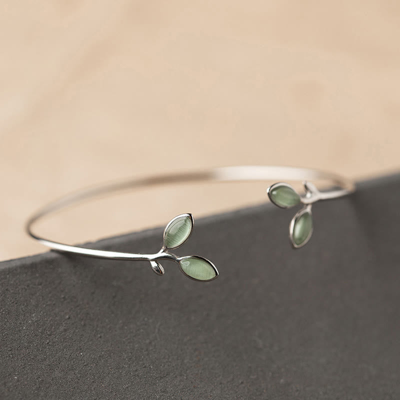 Buddha Stones Leaf Pattern Cat Eye Support Cuff Bracelet Bangle - image 7