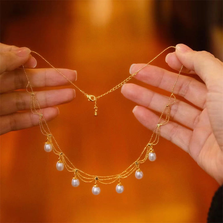 Vintage 14K Gold Plated Pearl Bead Healing Multilayer Necklace Pendant - image 4