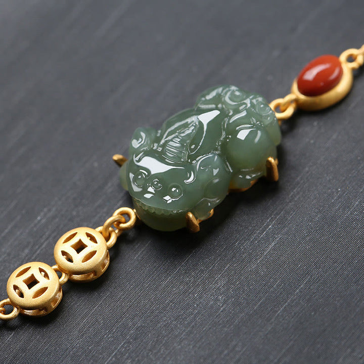 Buddha Stones Cyan Jade PiXiu Copper Coin Red Agate Success Chain Bracelet - image 1