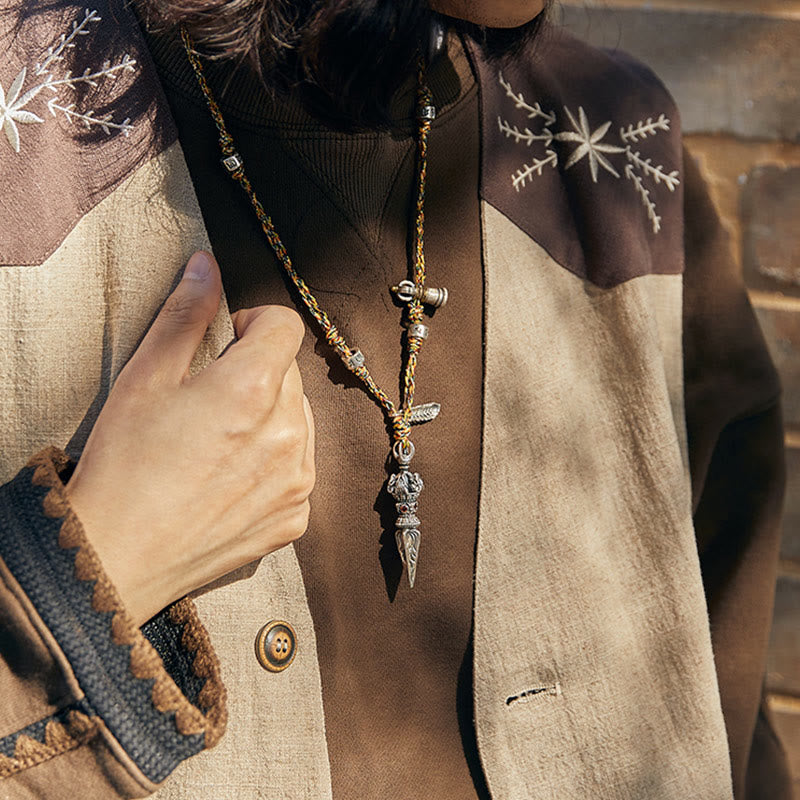 Buddha Stones Tibetan Handmade 925 Sterling Silver Dorje Vajra Om Mani Padme Hum Feather Strength Necklace Pendant - image 4