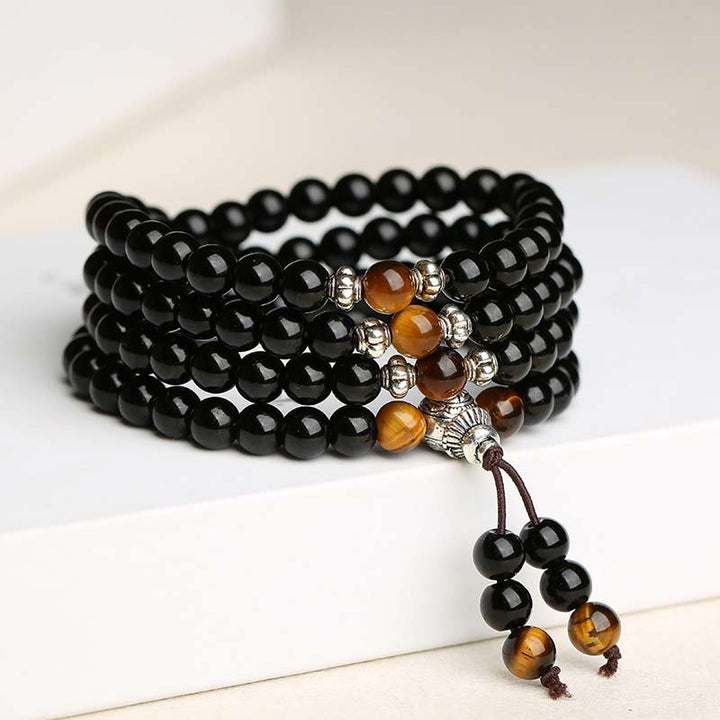 Buddha Stones Black Obsidian Tiger Eye Blessing Mala Bracelet - image 3