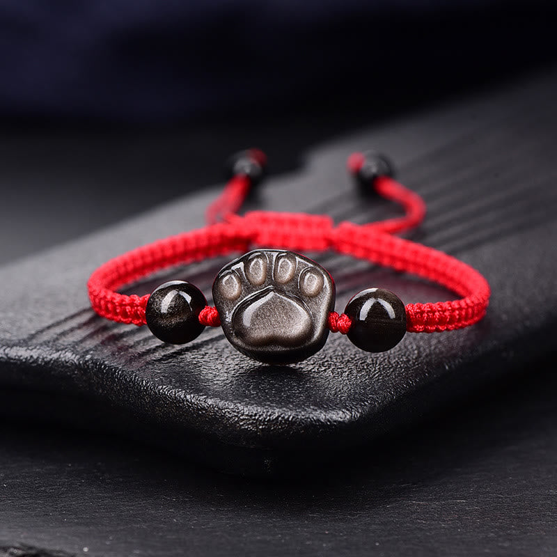 Buddha Stones Natural Silver Sheen Obsidian Gold Sheen Obsidian Cute Cat Paw Claw Protection Rope Bracelet - Silver Sheen Obsidian - Red Rope(Wrist Circumference 14-19cm) - image 0