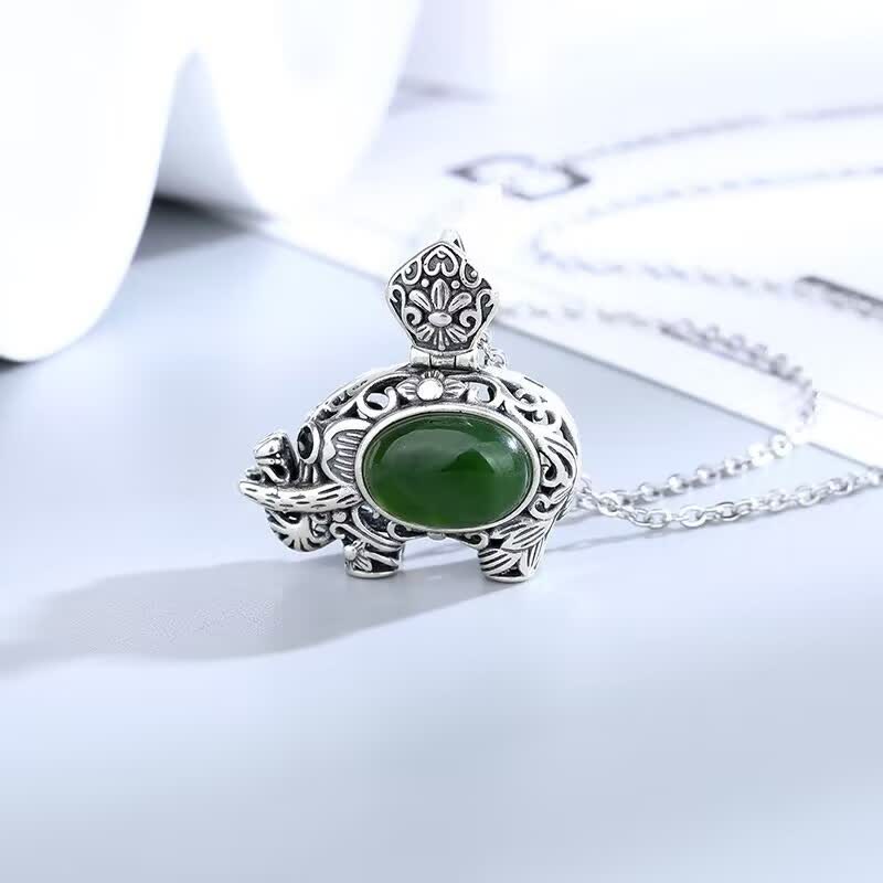 925 Sterling Silver Hetian Cyan Jade Elephant Success Necklace Pendant - image 1