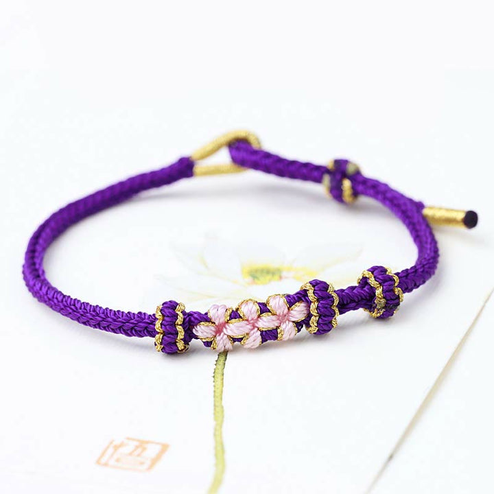 Buddha Stones Handmade Three Peach Blossoms Luck Eight Strands Braided String Bracelet - Purple(Wrist Circumference 14-19cm) - image 11