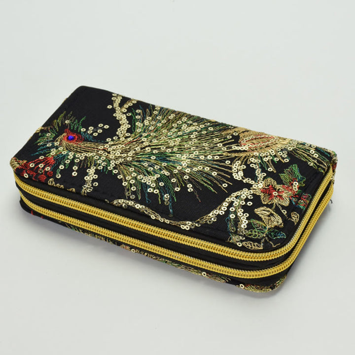 Buddha Stones Peacock Double-sided Embroidery Cash Holder Wallet Shopping Purse - Black Peacock - image 9