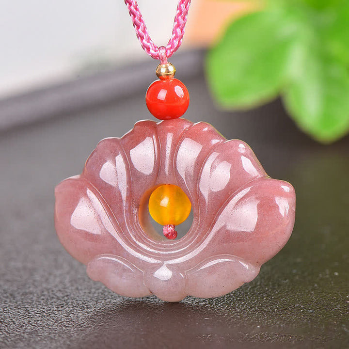Buddha StonesPink Golden Silk Jade Lotus Flower Wealth Necklace Pendant - image 0