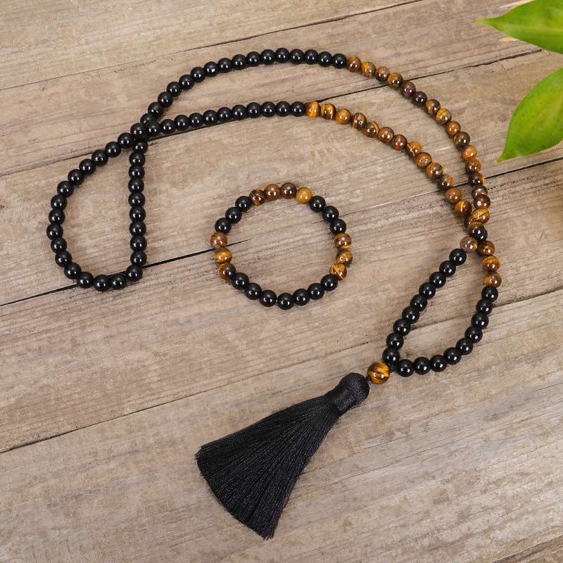 Buddha Stones Tibetan Black Onyx Tiger Eye Protection Necklace Mala Set - image 1