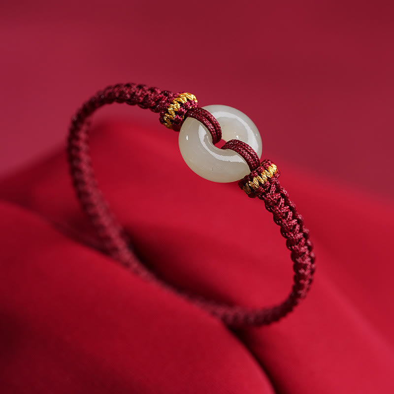 Buddha Stones Peace Buckle Jade Abundance Braided Bracelet - Dark Red(Wrist Circumference 14-20cm) - image 0