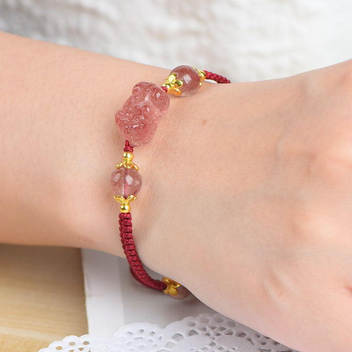 Buddha Stones Natural Strawberry Crystal Pixiu Charm Lucky Red String Bracelet - image 4