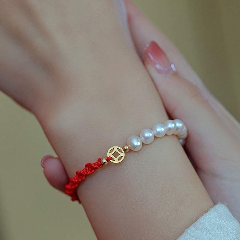 Buddha Stones 14K Gold Plated Pearl Bead Luck Protection Braid Red String Bracelet - image 9