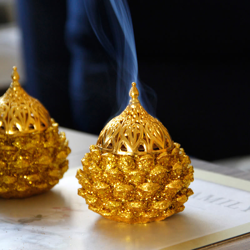 Gold Pine Cone Pattern Spiritual Rituals Mini Incense Burner Home Tabletop Decor - Gold Pine Cone Mini Incense Burner - image 0