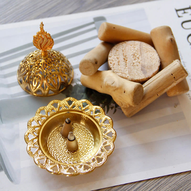 Gold Alloy Healing Mini Incense Burner With Wooden Coaster Home Decor - image 2