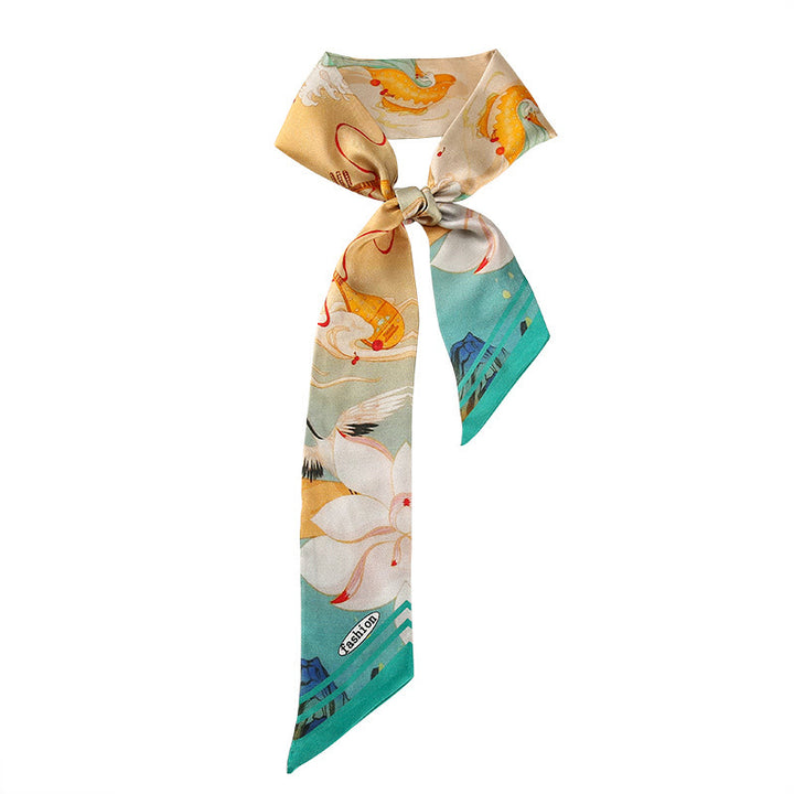 Buddha Stones Dunhuang Frescoes Mountains Sunset Floral Pattern 100% Mulberry Twilly Silk Neck Hair Scarf - Dunhuang Frescoes - image 0