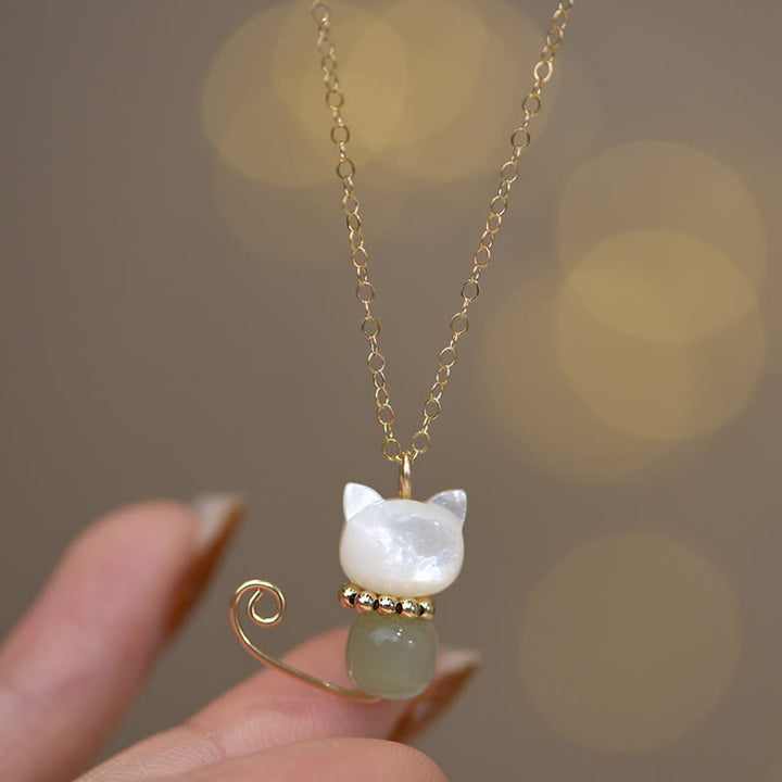 Buddha Stones 14K Gold Plated Pearl Hetian Jade Shell Luck Cat Kitten Necklace Pendant - Normal 14K Gold Plated - Pearl&Hetian Jade - image 4