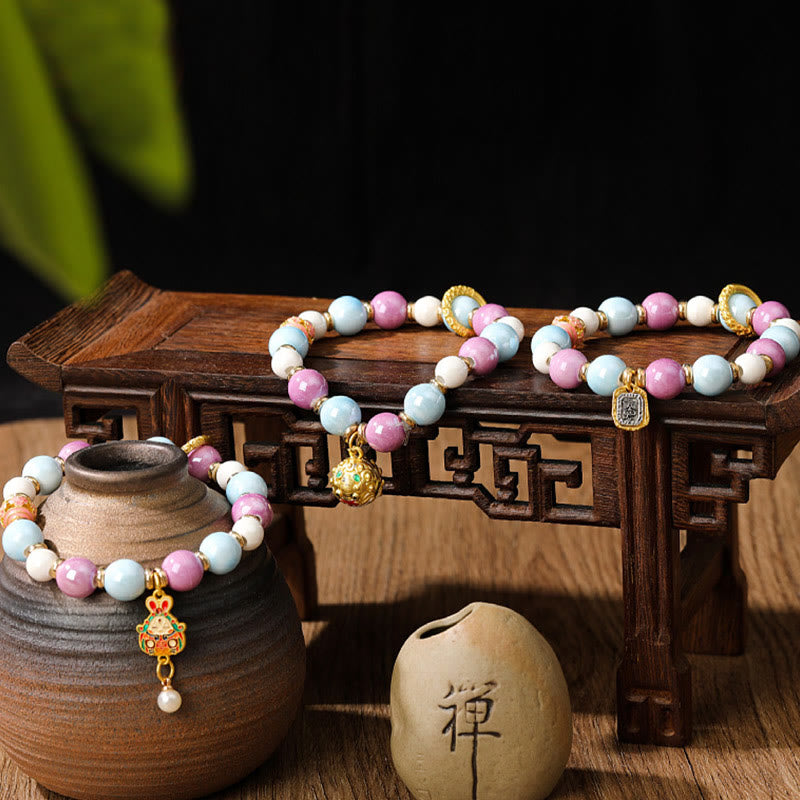 Buddha Stones Tibetan Zakiram Goddess of Wealth Rabbit Lion Head Charm Liuli Glass Incense Ash Porcelain Bead Protection Bracelet - image 0