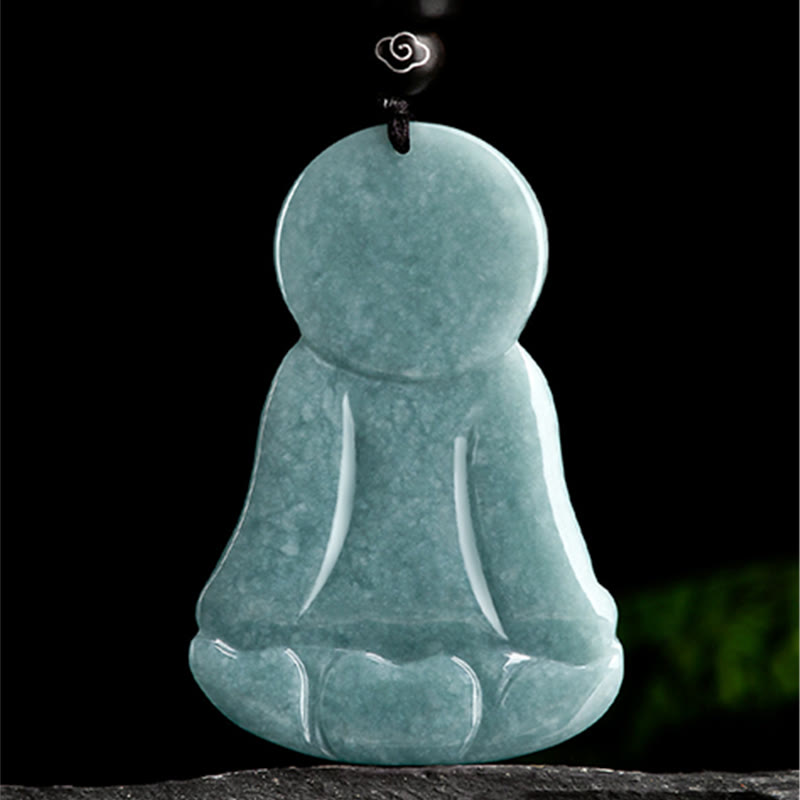 Buddha Stones Amitabha Buddha Natural Jade Lotus Amulet Compassion String Necklace Pendant - image 5