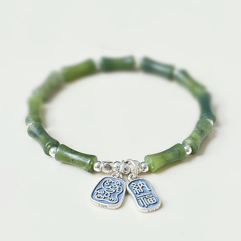 Buddha Stones 925 Sterling Silver Bamboo Jade Lucky Cat Fu Character Luck Abundance Bracelet - 16cm - image 0