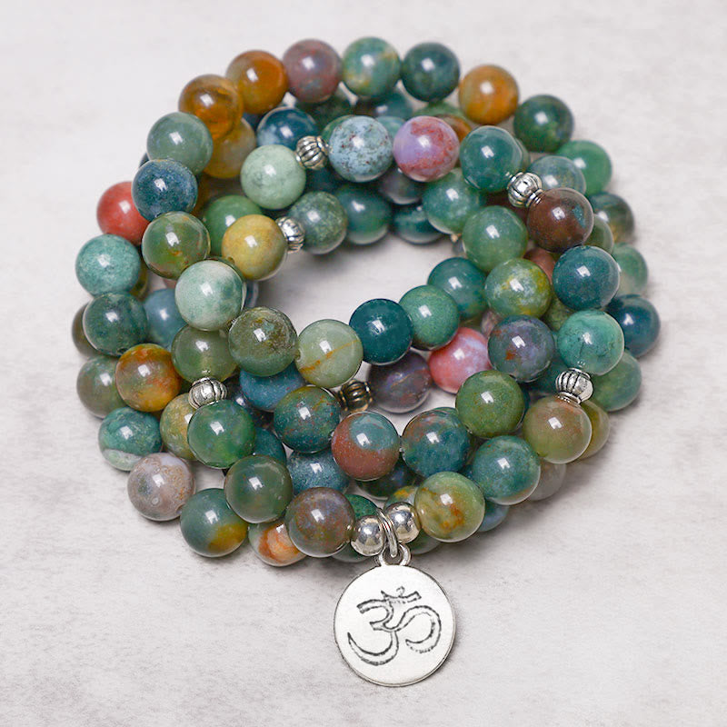 Buddha Stones 108 Mala Beads Indian Agate Lotus OM Buddha Tree of life Positive Calm Bracelet - OM (Mindfulness ♥ Connection) - image 2