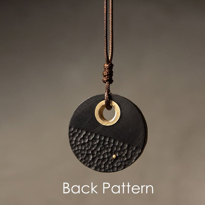 Buddha Stones Handcrafted Round Ebony Wood Brass Copper Peace Necklace Pendant - image 1