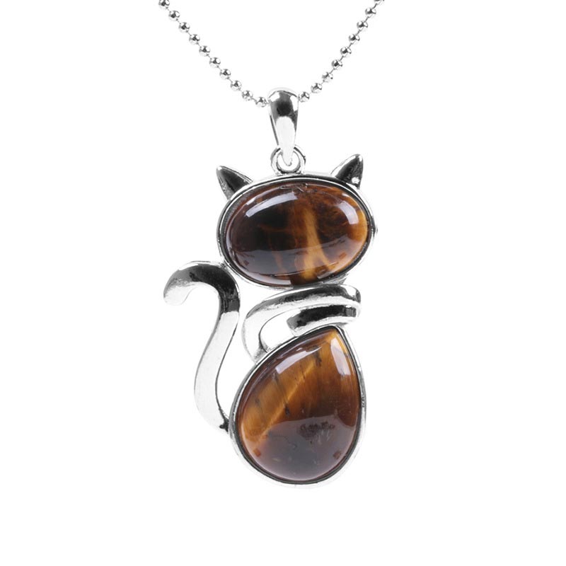 Buddha Stones Cat Pattern Natural Crystal Protection Necklace Pendant - Tiger Eye - image 15