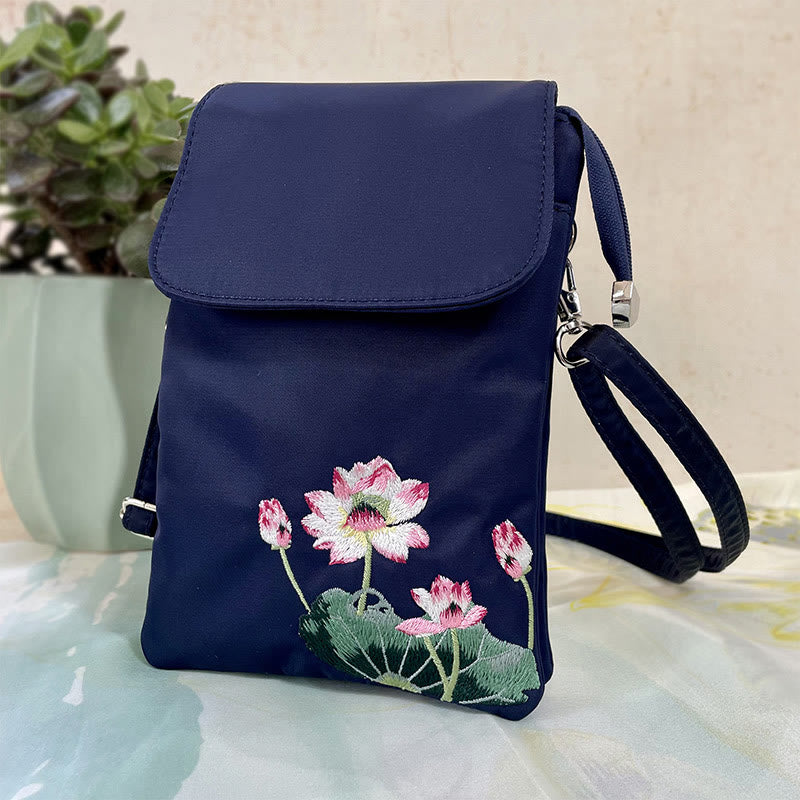 Buddha Stones Waterproof Handmade Embroidered Lotus Flowers Crossbody Bag Shoulder Bag Cellphone Bag - Blue Four Lotus - image 0