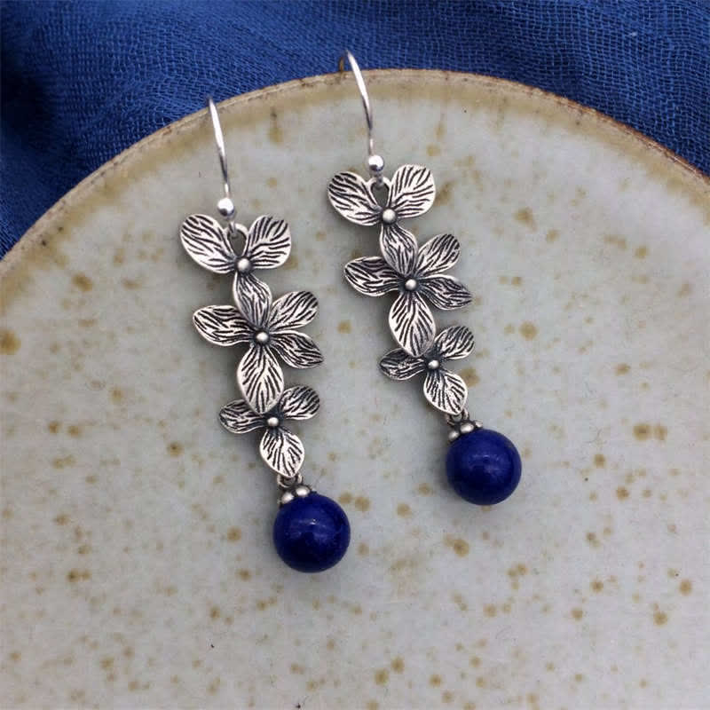 Buddha Stones 925 Sterling Silver Turquoise Lazurite Flower Leaf Serenity Protection Hook Drop Dangle Earrings - Lazurite&925 Sterling Silver - image 10