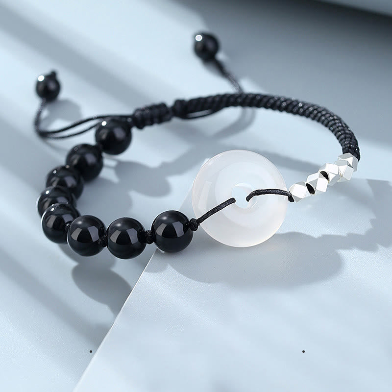 Buddha Stones 925 Sterling Silver Black Obsidian Agate Peace Buckle Strength Bracelet - image 1