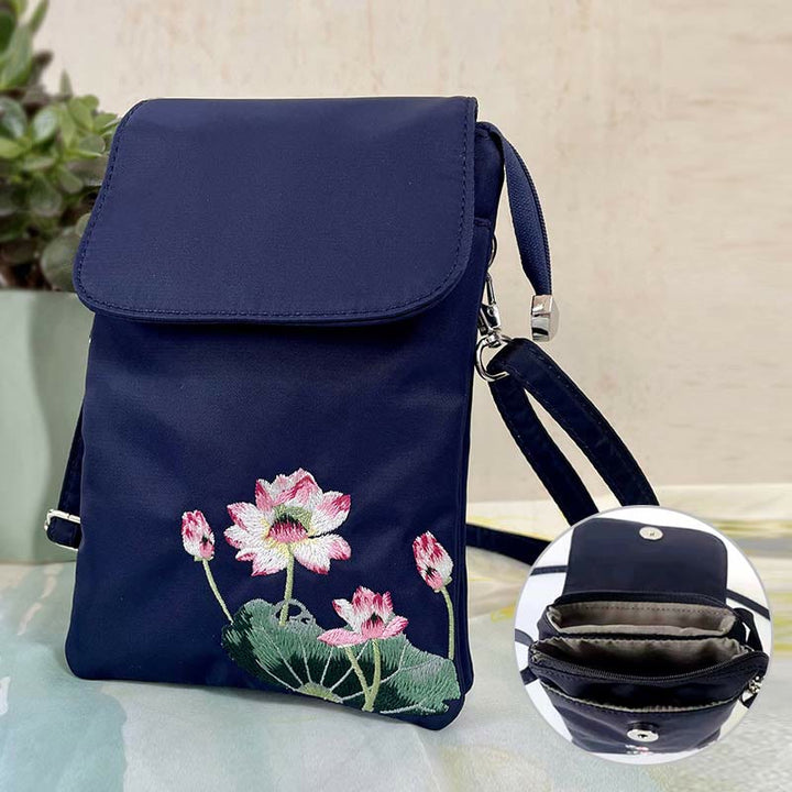 Buddha Stones Waterproof Handmade Embroidered Lotus Flowers Crossbody Bag Shoulder Bag Cellphone Bag - image 1