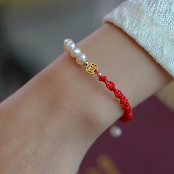 Buddha Stones 14K Gold Plated Pearl Bead Luck Protection Braid Red String Bracelet - Premium 14K Gold Plated - Copper Coin(Bracelet Size 15.5+3cm) - image 0