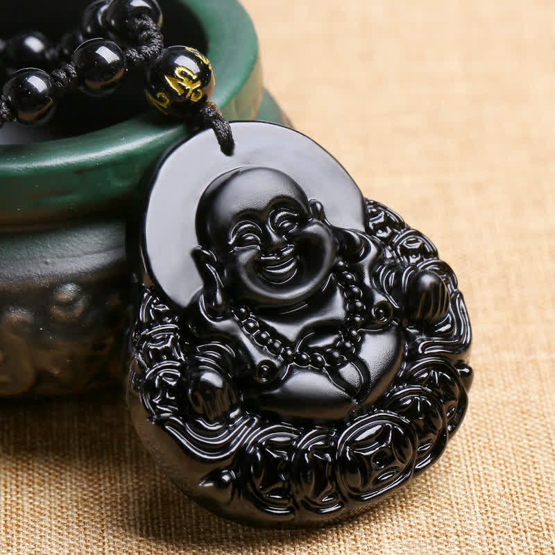 Buddha Stones Laughing Buddha Black Obsidian Strength Protection Pendant Necklace - image 1