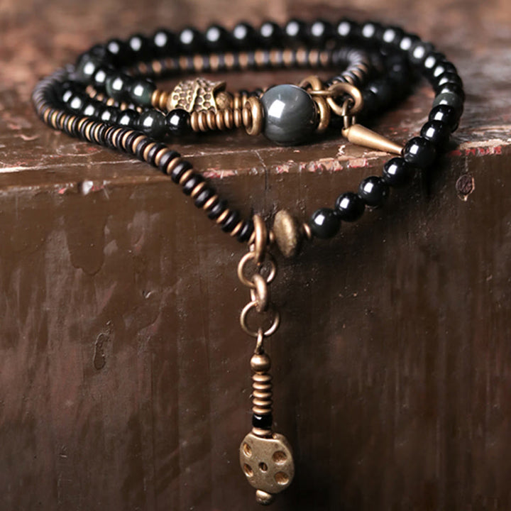 Buddha Stones Rainbow Obsidian Ebony Wood Copper Positive Multilayer Bracelet - image 1