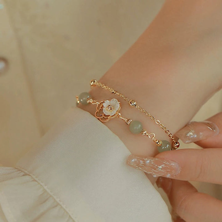 Buddha Stones 14K Gold Plated Jade Butterfly Tridacna Stone Flower Double Layer Luck Bracelet - image 14