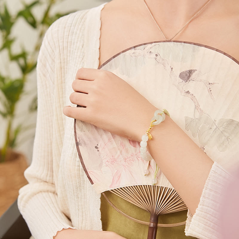 Buddha Stones Natural Hetian Jade Bead Double Peace Buckle Fu Character Abundance Braided Bracelet - image 22