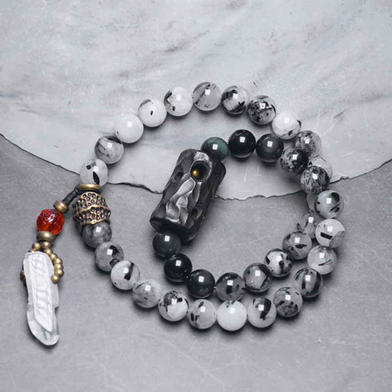 Buddha Stones Black Rutilated Quartz Ebony Wood White Crystal Success Couple Bracelet - image 2