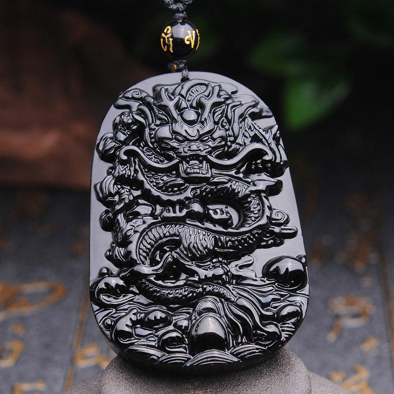 Buddha Stones Black Obsidian Stone Dragon Fulfilment Pendant Necklace - image 1