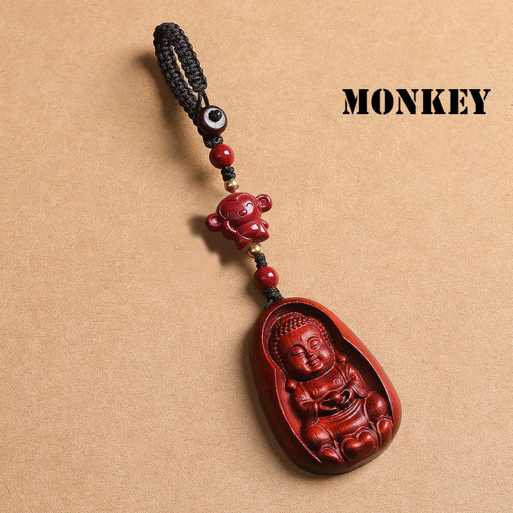 Buddha Stones Small Leaf Red Sandalwood Buddha Cinnabar Chinese Zodiac Amulet Protection Key Chain - Monkey - image 22