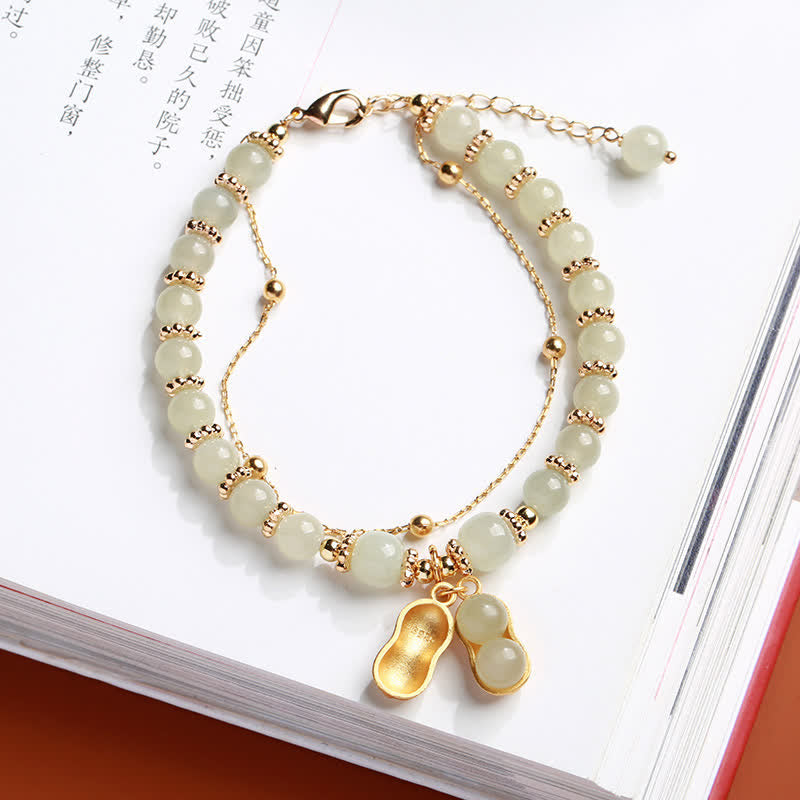 Buddha Stones 925 Sterling Silver Natural Hetian Jade Good Things Happen Peanut Charm Bracelet - image 1