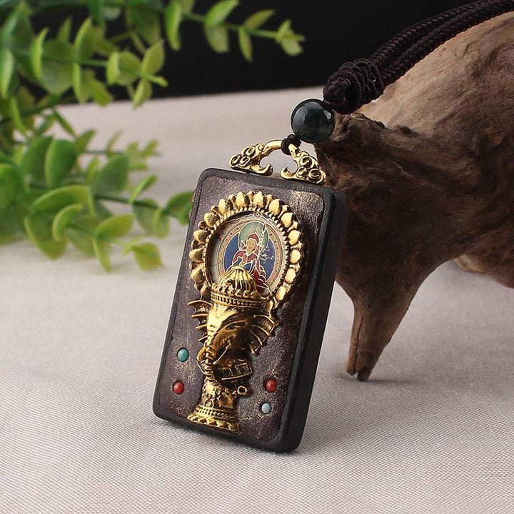 Ebony Wood Elephant God of Fortune Buddha Blessing Necklace String Pendant - image 6