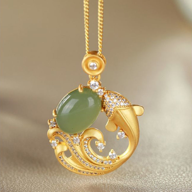 Buddha Stones Cyan Jade Koi Fish Healing Calm Necklace Pendant - image 1