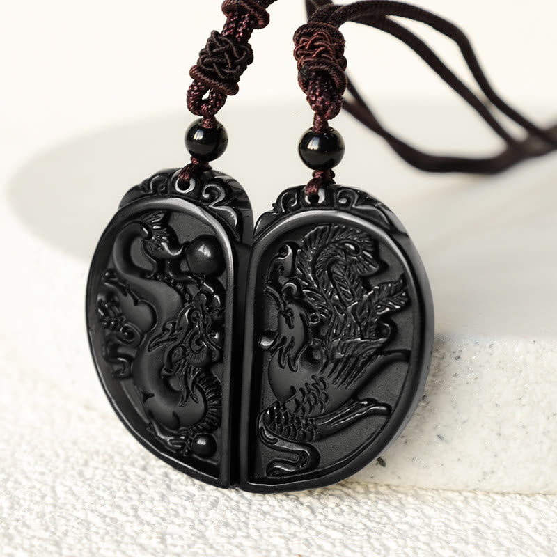 Buddha Stones Black Obsidian Love Dragon Phoenix Protection Necklace Pendant - image 3